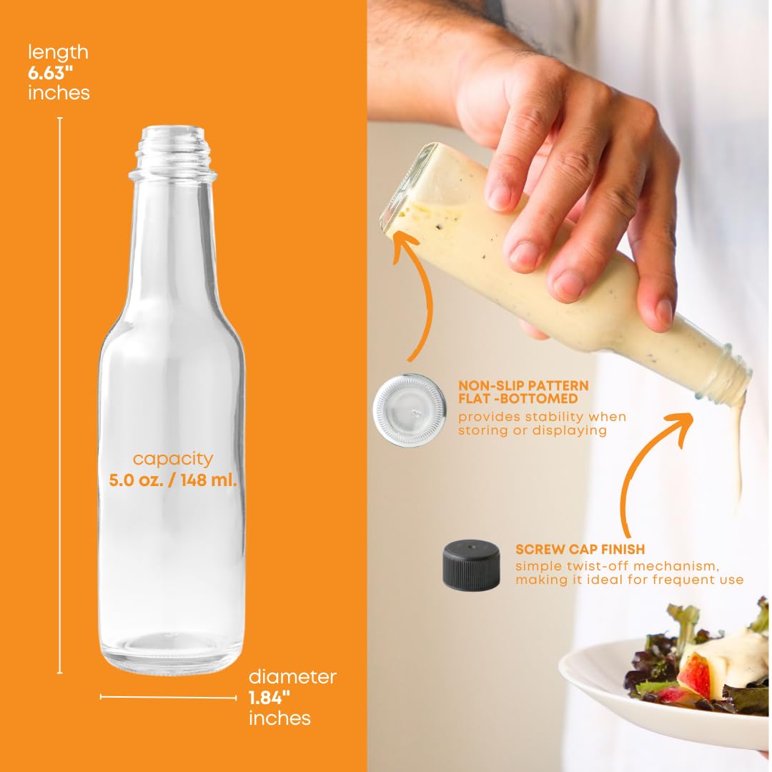 FastRack - Botellas de salsa picante Woozy de 5 onzas, paquete de 12 con tapas de plástico negro, botellas pequeñas vacías, botellas de vidrio transparente con tapa a prueba de fugas, sin gotero