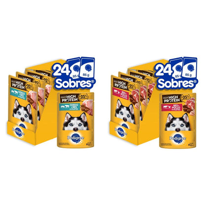 Alimento Pedigree High Protein para perro adulto, sabor res y pollo, 24 sobres de 85 g - Alimento + Protein Alimento Húmedo