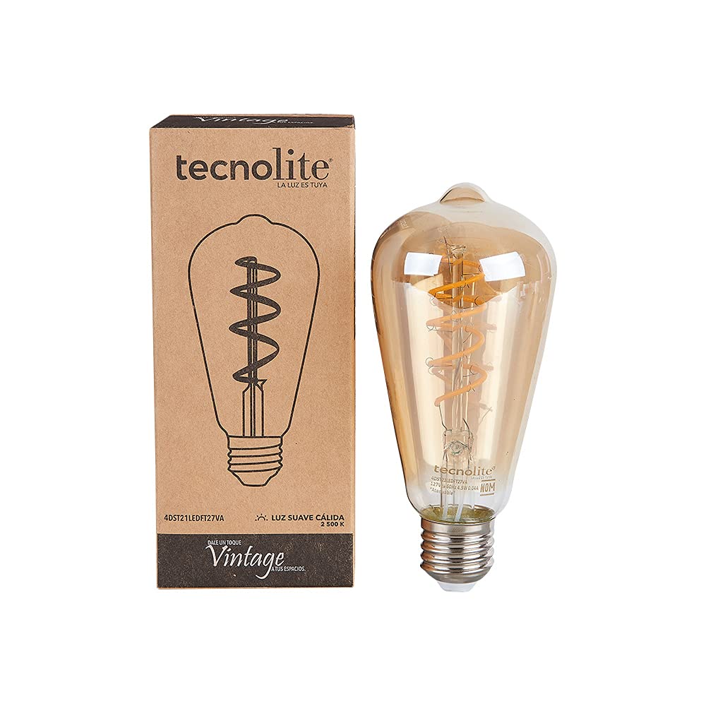 Tecnolite Foco LED Vintage, Base E27, Luz Cálida 2 700 k, Atenuable, 4.5 W, Color Cristal Ámbar, Tecnolite