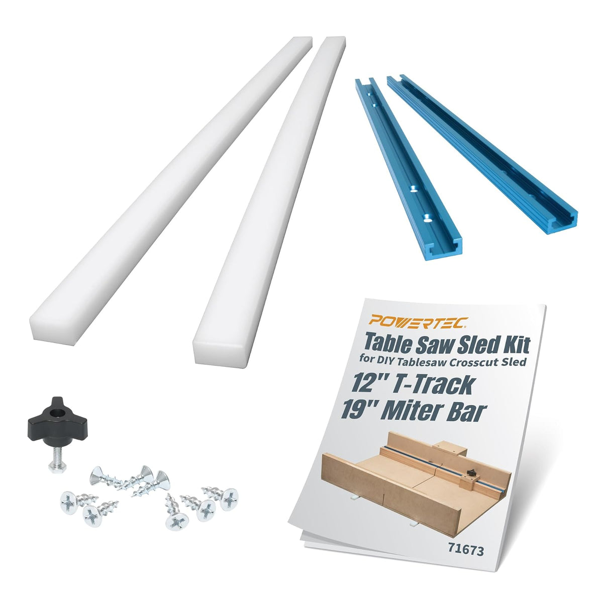 POWERTEC - Kit de sierra de mesa con riel en T de 12 pulgadas, barra de inglete de polietileno de alta densidad de 19 pulgadas, juego de perillas, pernos y tornillos para trineo de corte transversal