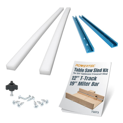 POWERTEC - Kit de sierra de mesa con riel en T de 12 pulgadas, barra de inglete de polietileno de alta densidad de 19 pulgadas, juego de perillas, pernos y tornillos para trineo de corte transversal