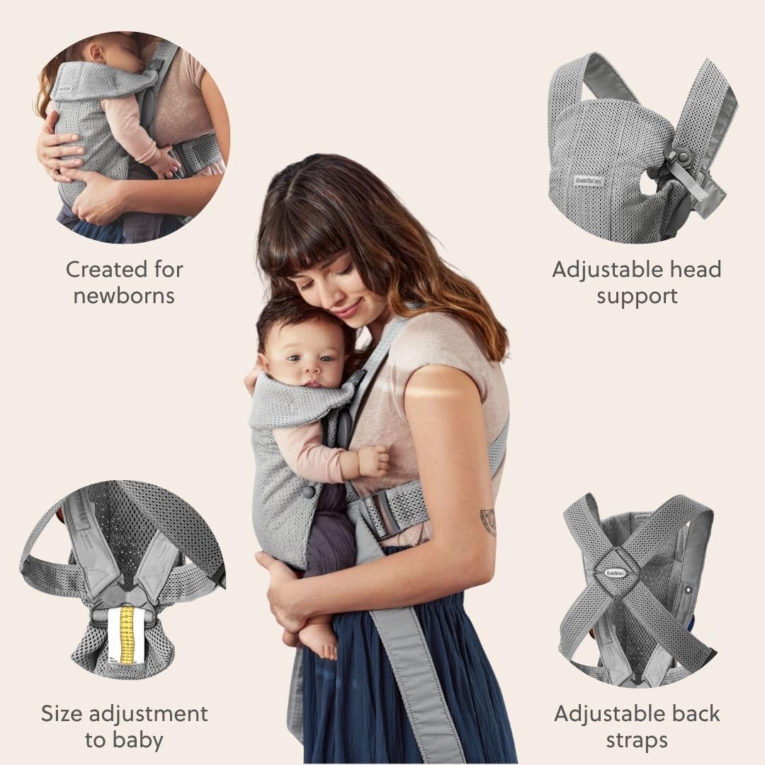BabyBjörn Canguro Portabebé Mini, Gray, 3D Mesh | Newborn Carrier (7-15 lbs), Ergonomic, Easy-to-Use
