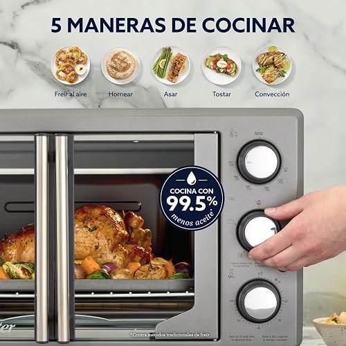 Oster Horno, con Freidora de Aire, de 42 L de Capacidad, con Interior Antiadherente, para Freír al Aire, Hornear, Asar, Tostar, Convección, Accesorios Incluidos, Color Gris, TSSTTV42FDMAFNS-013