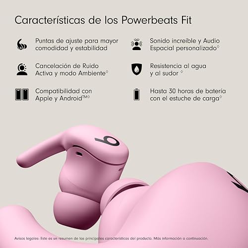 Beats - Powerbeats Fit - Audífonos inalámbricos para Entrenamiento con cancelación de Ruido, IPX4, hasta 30 Horas de batería con el Estuche de Carga, compatibles con Apple y Android - Rosa Intenso