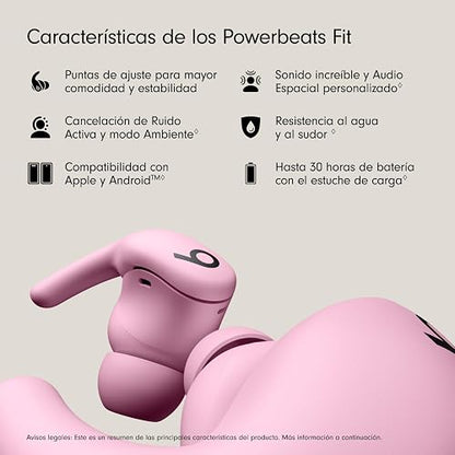 Beats - Powerbeats Fit - Audífonos inalámbricos para Entrenamiento con cancelación de Ruido, IPX4, hasta 30 Horas de batería con el Estuche de Carga, compatibles con Apple y Android - Rosa Intenso
