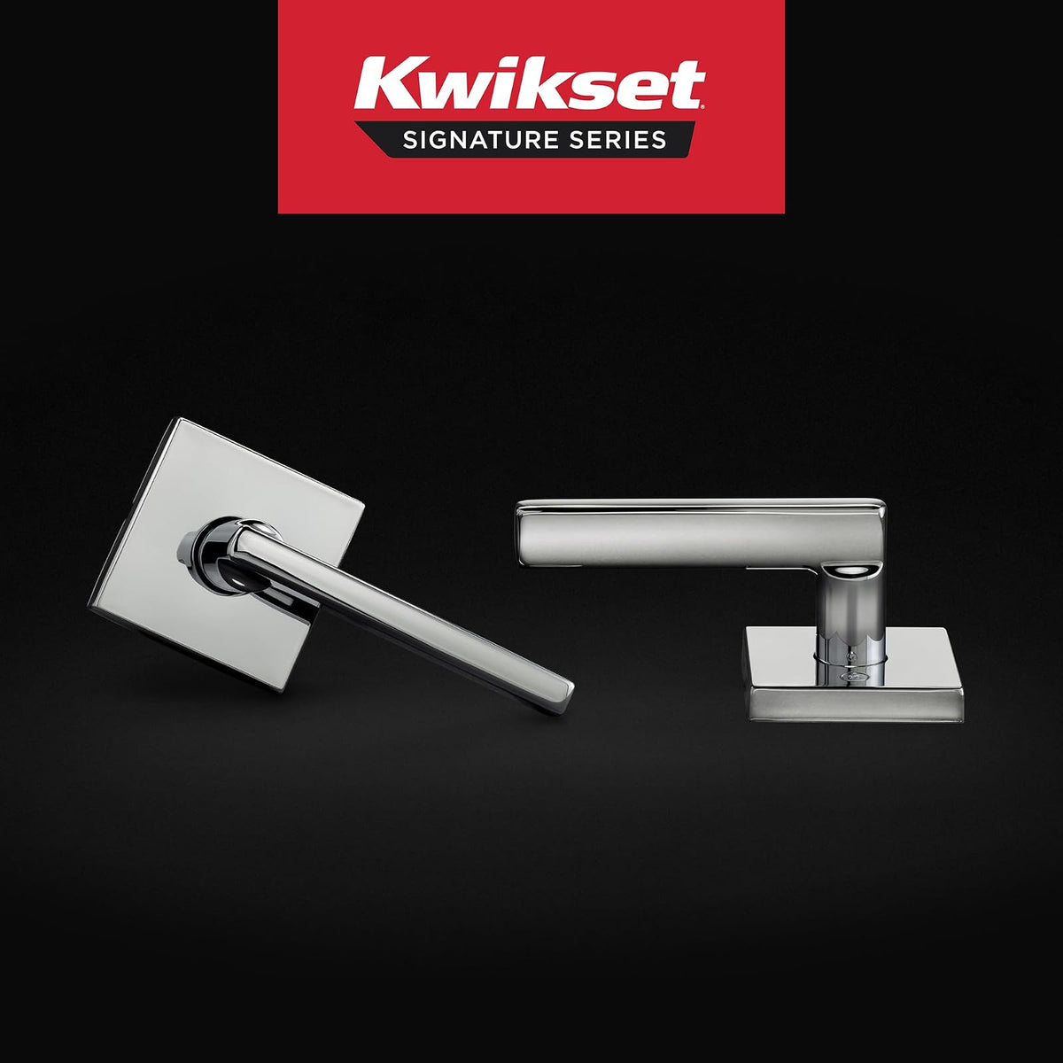 Kwikset Halifax - Manija de puerta de paso interior, palanca para puertas de clóset y pasillo, palanca reversible sin bloqueo, cromo pulido, rosa cuadrada