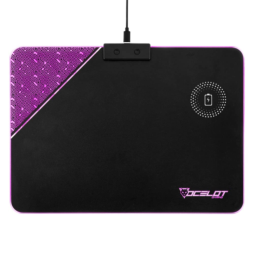 Mouse Pad Rigido Ocelot Gaming OMPR01. Iluminación RGB con Software Integrado, Conexión USB para alimentación, Sistema de Carga inalambrica para Smartphones.