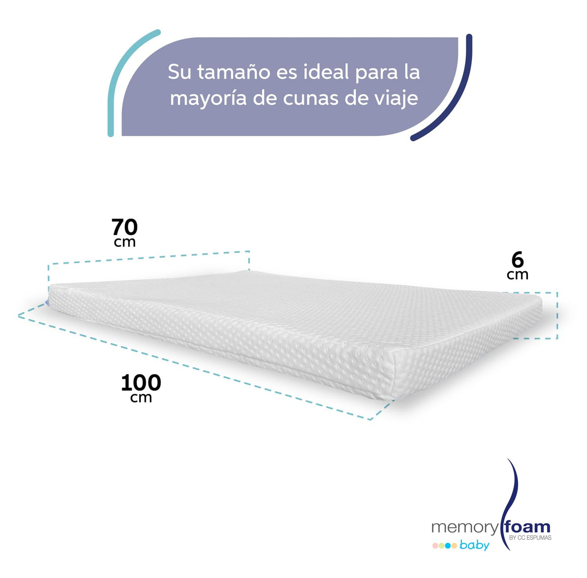 MEMORY FOAM BABY | Colchón de Cuna de Viaje para Bebé - Firmeza Media - Blanco - 100 x 70 x 6 cm - Hecho de Espuma de Poliuretano