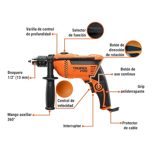 TRUPER COMBOR-1/2A7, Combo rotomartillo/destornillador 1/2" 650W con 8 accesorios