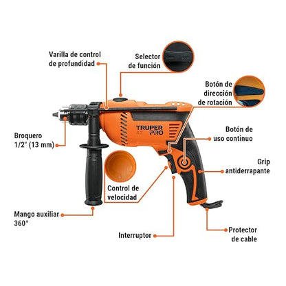 TRUPER COMBOR-1/2A7, Combo rotomartillo/destornillador 1/2" 650W con 8 accesorios