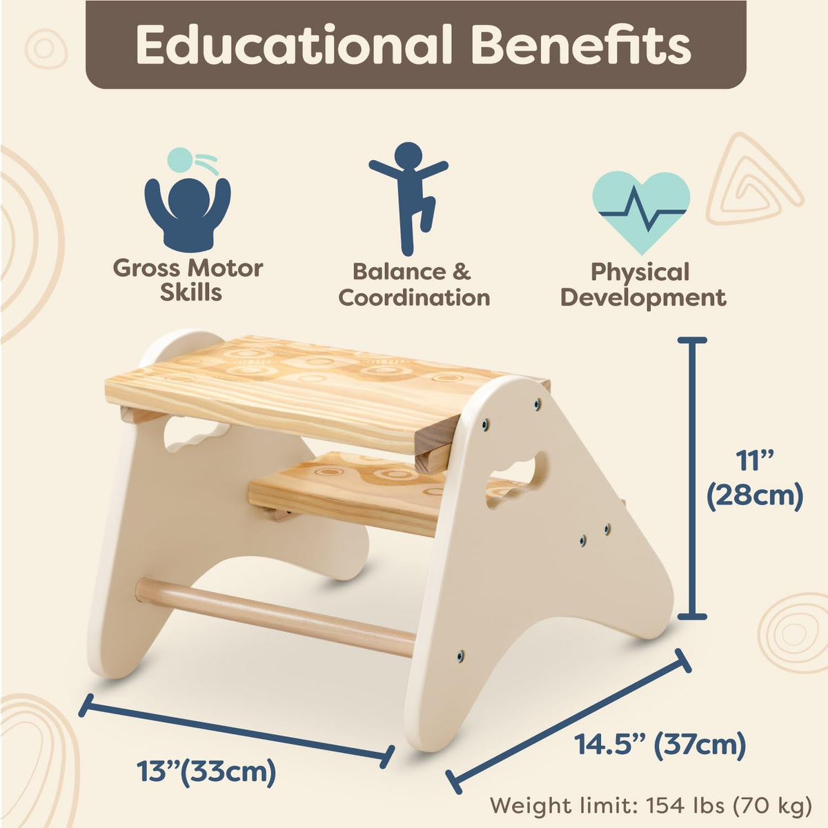 B. toys Peek-A-Boost, Taburete Infantil Marfil de Madera, 2 peldaños | Con asas recortadas, 2 peldaños anchos con textura y llave hexagonal incluida; para baño, cocina o dormitorio; 2 años y +