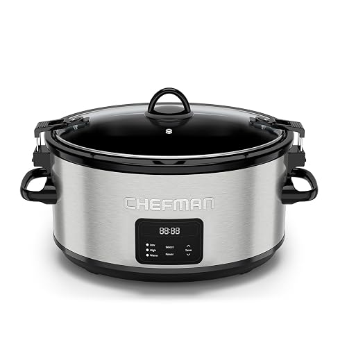Chefman Olla de cocción lenta eléctrica de 7 cuartos con tapa de bloqueo, olla de cocción lenta programable con tres temperaturas digitales para platos principales, sopas y guisos,Acero inoxidable