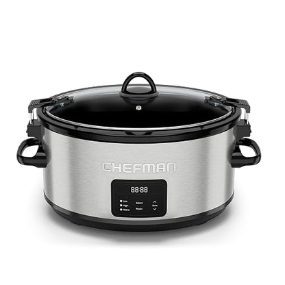 Chefman Olla de cocción lenta eléctrica de 7 cuartos con tapa de bloqueo, olla de cocción lenta programable con tres temperaturas digitales para platos principales, sopas y guisos,Acero inoxidable