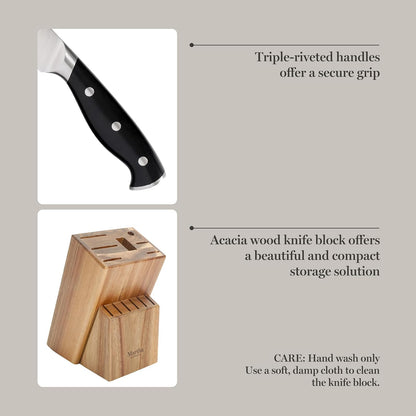 Martha Stewart Greeley 14 pc Triple- Riveted Cutlery Knife Acacia Wood Block Set w/Comfort Grip Handles- Black