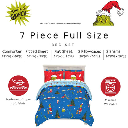 Grinch de Dr. Seuss Ropa de Cama de Vacaciones y Navidad Supersuave, Juego de Edredón y Sábanas con Funda de Almohada, 7 Piezas, Tamaño Completo (Producto Oficial de Dr. Seuss) de Franco