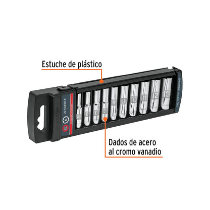 Truper JD-1/4X10LP, Juego de 10 dados largos, cuadro 1/4", standard