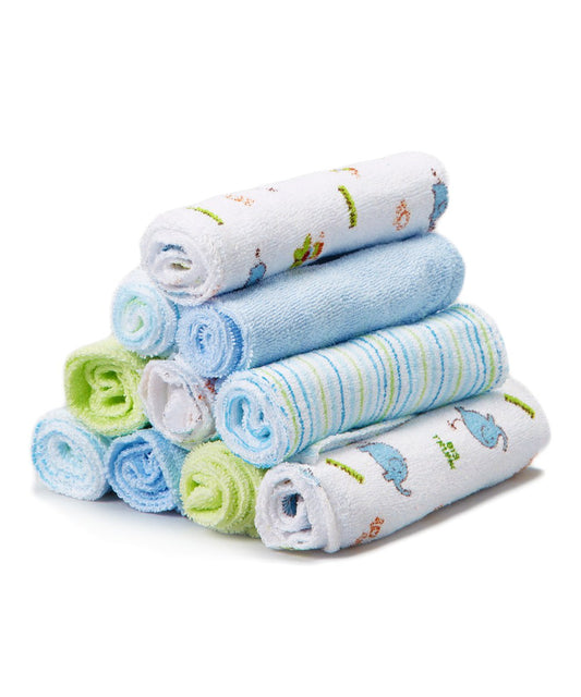Spasilk 10-Piece Washcloth Set for Newborn Boys and Girls, Soft Terry Baby Washcloths, Baby Essentials, Blue Elephants