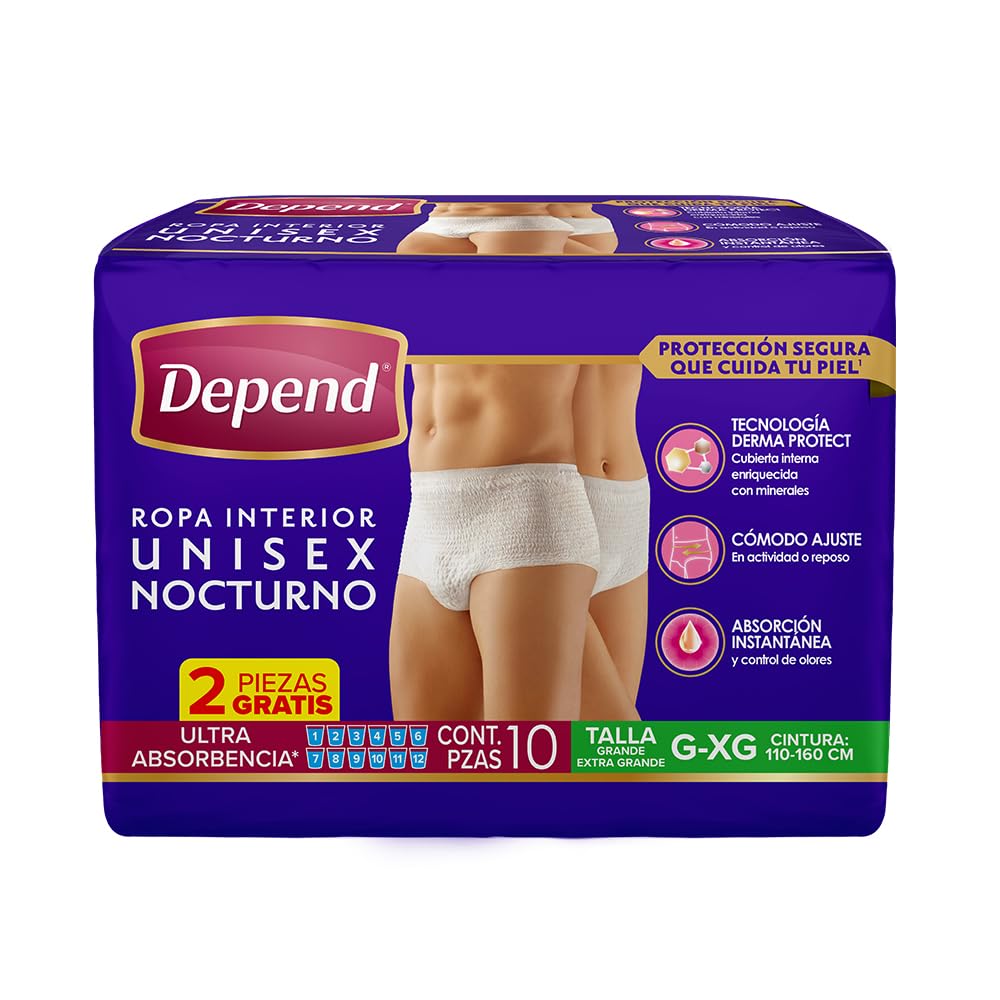 Depend Ropa Interior Nocturno Desechable para Incontinencia, Talla G-XG Unisex, Caja con 6 Paquetes de 10 Piezas (60 Piezas), con Tecnología Derma Protect, Protección segura que cuida tu piel.