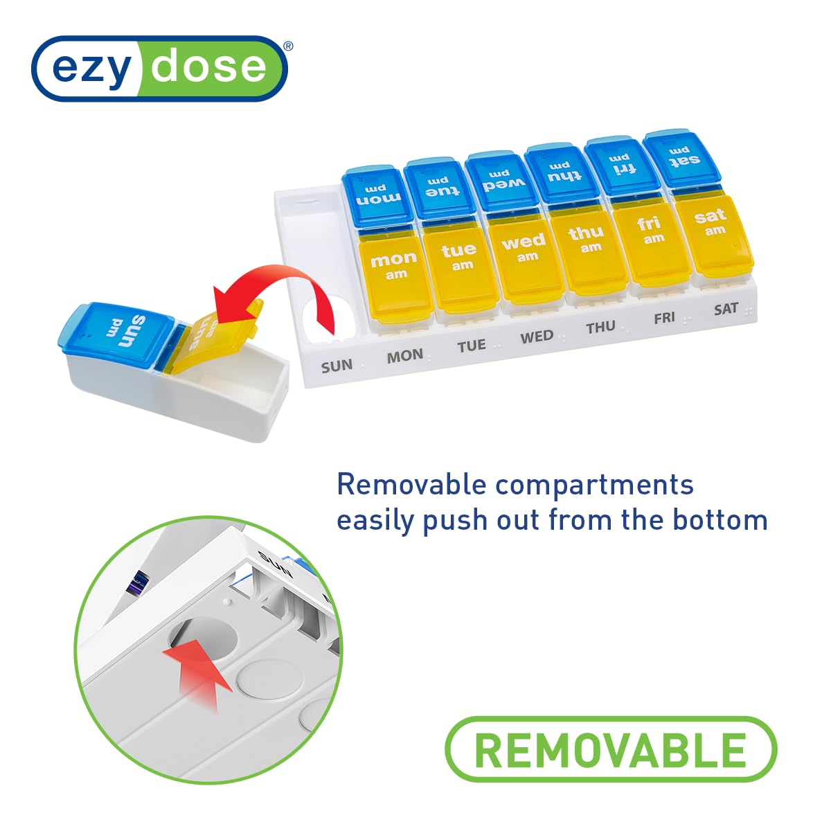 EZY DOSE - Estuche semanal para píldoras (7 días), planificador de medicamentos, caja organizadora de vitaminas, 2 veces al día AM/PM, compartimentos grandes para salir, prácticos y fáciles de usar,
