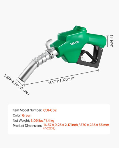 VEVOR Boquilla de combustible automática NPT de 1 pulgada, caudal máximo de 21,6 GPM, apagado automático, con bloqueo de gatillo de 3 velocidades y boquilla de 1-3/16 in (diámetro exterior = 30,1 mm)