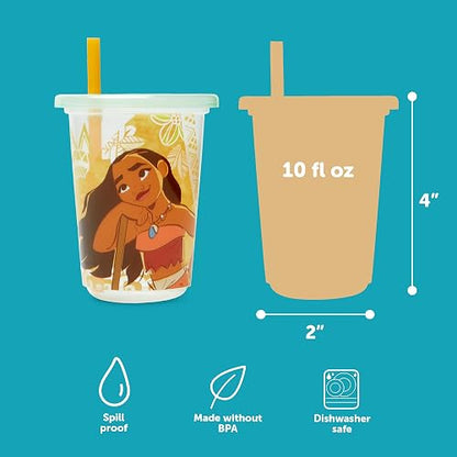 The First Years Take & Toss - Copas de paja para niños pequeños – Moana – Vasos para beber a prueba de derrames con tapas y popotes a presión – Copas reutilizables para niños pequeños para viajes