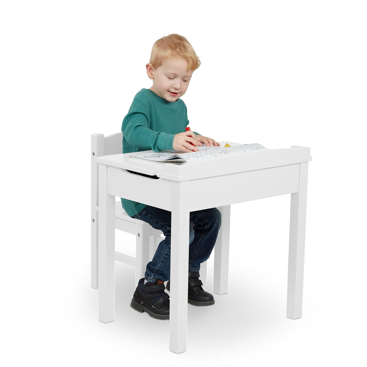 Melissa & Doug Escritorio con tapa abatible y silla para niños, juego de escritorio y silla de madera resistente, tapa con bisagra de seguridad, blanco, 40.894 cm alto x 59.944 cm ancho x 58.928 cm largo