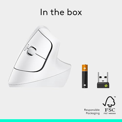 Logitech Lift Mouse Ergonómico Vertical, Inalámbrico, Bluetooth o Receptor Logi Bolt USB, clics Silenciosos, 4 Botones, Compatible con Windows/macOS/iPadOS, Laptop, PC - Blanco