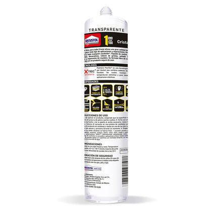 Resistol Uno Para Todo Cristal, adhesivo fuerte, agarre inmediato, consistencia pastosa y flexible, libre de solventes, tecnología Flextec, transparente, 1x290g