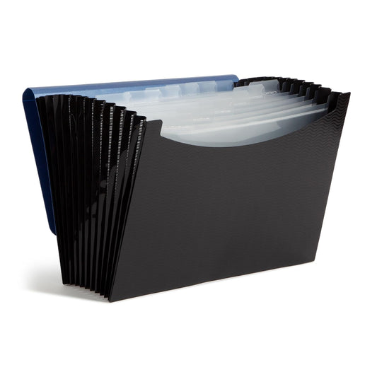 Smead Carpeta de archivos expandible de poliéster, 12 bolsillos, 12 pestañas escalonadas personalizables, cierre de solapa y cordón, tamaño carta, patrón de ondas azul/negro (70863)