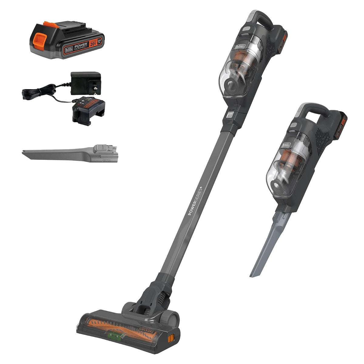 BLACK + DECKER POWERSERIES+ - Aspiradora Inalámbrica 16 V, Multisuperficie, con Luces LED - Gris - Naranja Vac