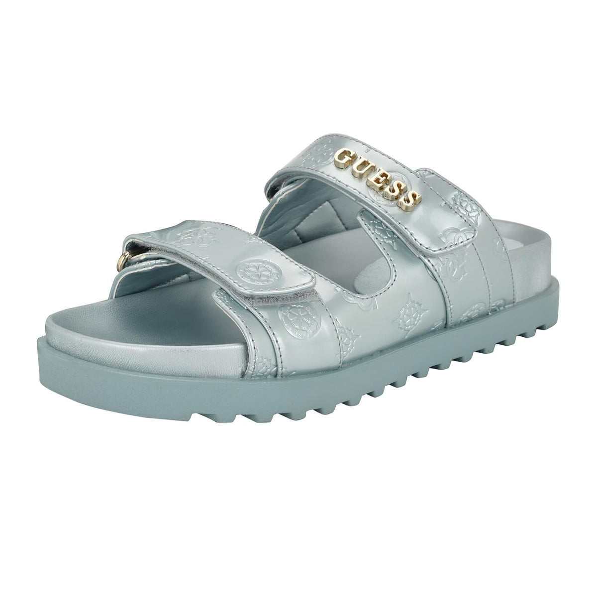 Guess Fabulon Sandalias de Doble Correa para Mujer - 26.0 cm - Logotipo de patente azul claro 450