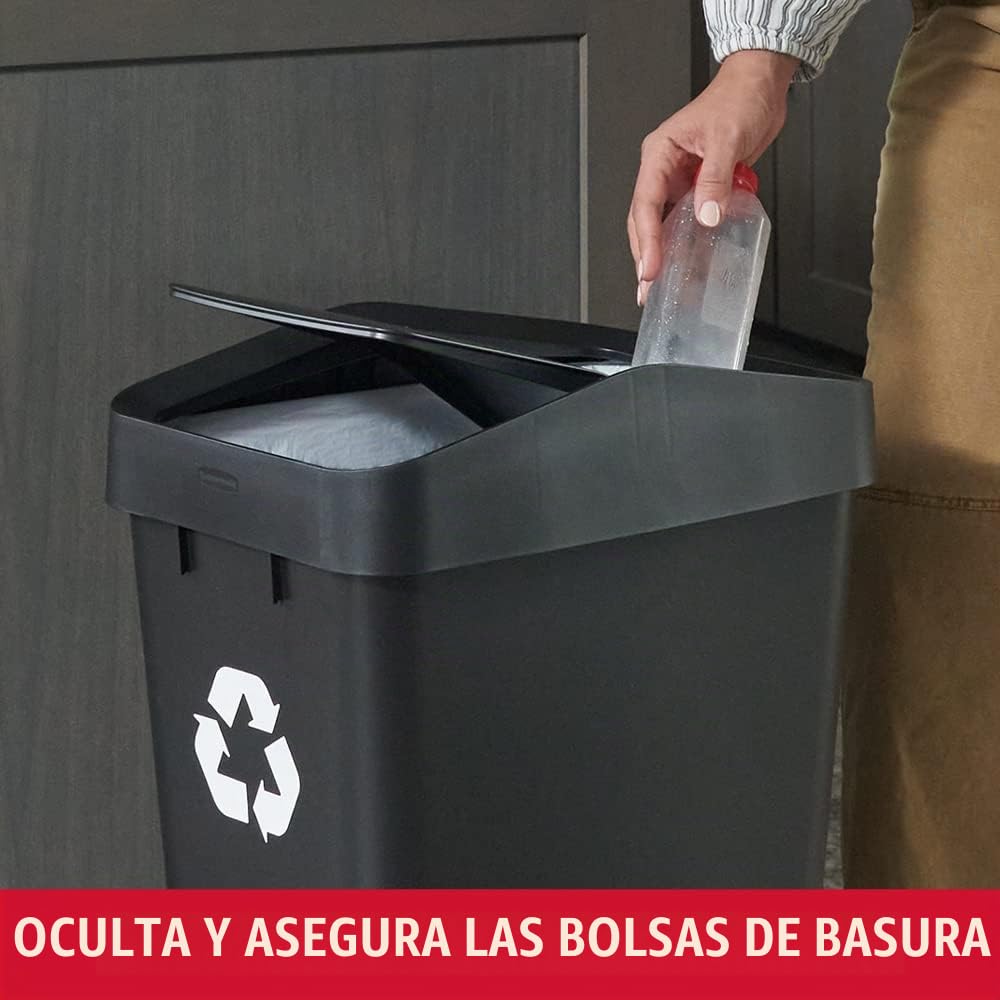 Rubbermaid – Contenedor de Reciclaje con Tapa Abatible que Facilita Clasificar los Residuos, Bote de Perfil Delgado para Cocina, Lavandería y Despensa, Capacidad de hasta 46 L, Negro 2170114