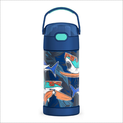Thermos Funtainer Botella de Agua con Popote 12 oz para Niños - Tiburones Surfin - 0.4 Litros