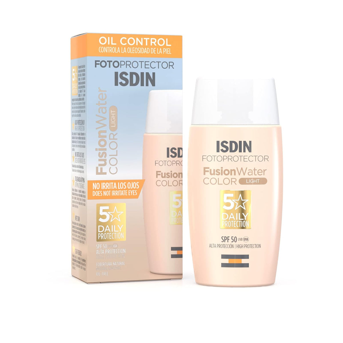 ISDIN Fotoprotector Fusion Water Color Light SPF 50 + Fotoprotector Fusion Water SPF 50, Protector Solar Facial de fase acuosa para uso diario,50 ml