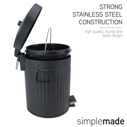 SIMPLEMADE - Bote de basura redondo de acero inoxidable con tapa, pequeño cubeta de basura de metal/cubeta de basura para baño, oficina, negro, 5 litros / 1.3 galones