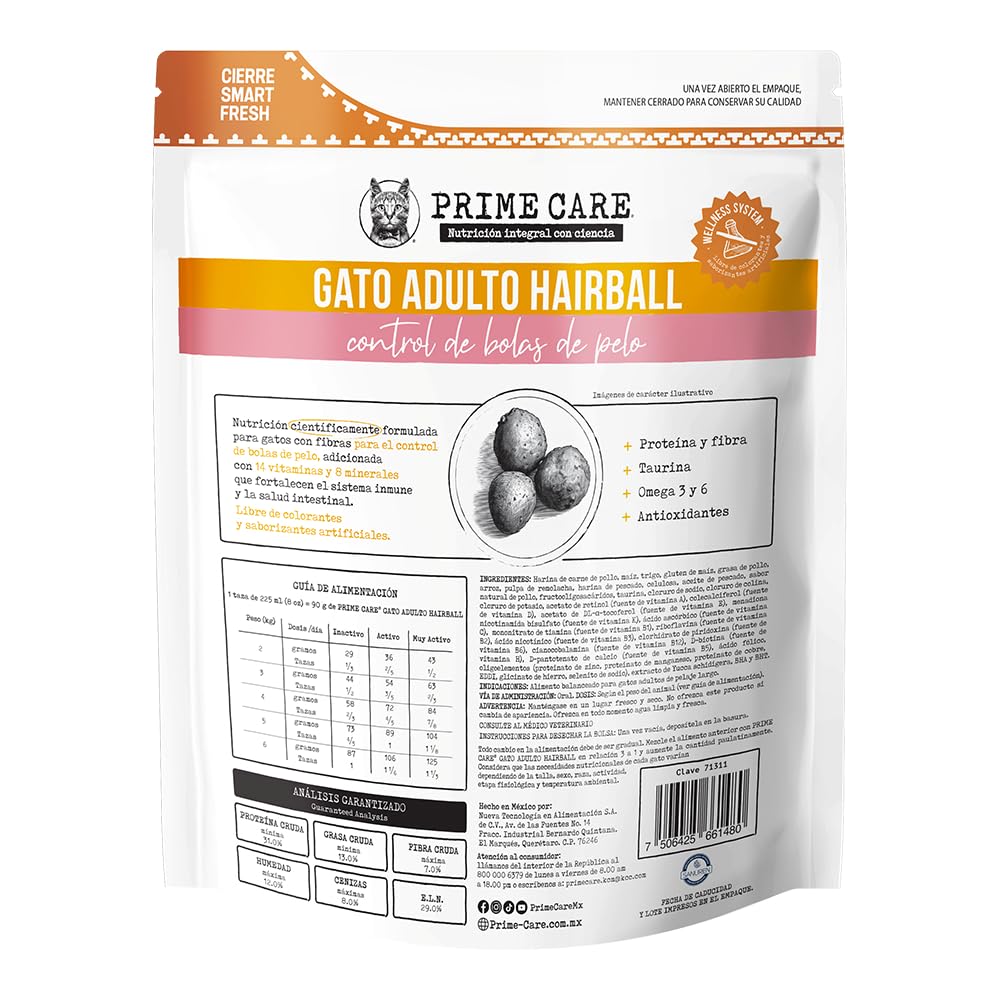 Prime Care Alimento para Gato Adulto Hairball, 1.5 kg, Ideal para Gatos Adultos