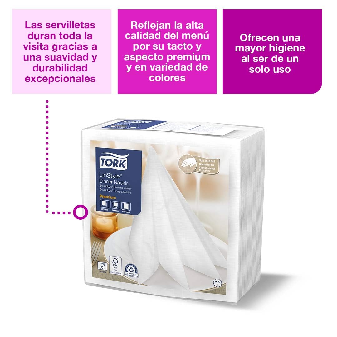 Tork Servilletas de Papel Premium LinStyle Sensación Tela – Servilleta Desechable Elegante para Mesa Restaurante y Eventos, 19.5x19.5 cm, Blanca – 12 Paquetes x 50 Piezas (600 Piezas)