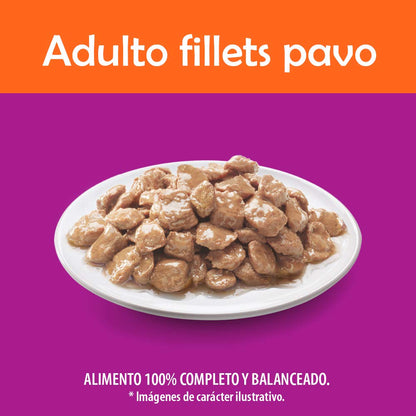 Whiskas Alimento Húmedo para Gatos, Sabor Filete Pescado Blanco, 85g c/u. Paquete de 24 Unidades + Alimento Húmedo para Gatos, Sabor Filetes De Pavo 85g c/u. Paquete de 24 Unidades