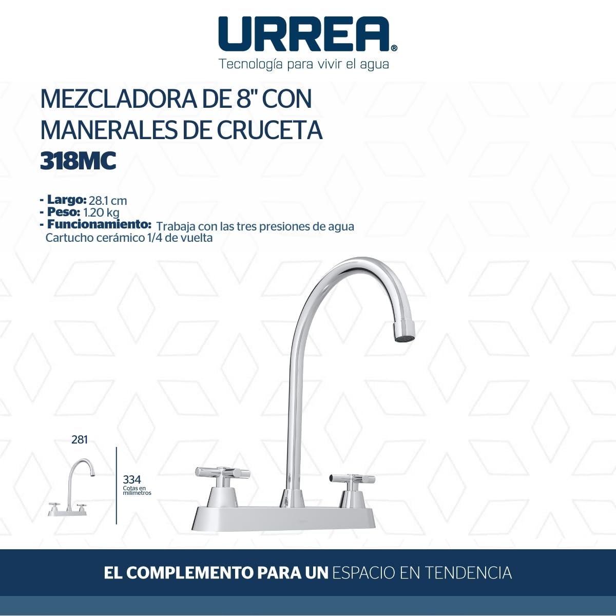 Urrea Mezcladora de 8" con Manerales de Cruceta, Acabado Cromo, 318MC