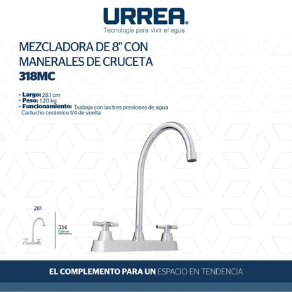 Urrea Mezcladora de 8" con Manerales de Cruceta, Acabado Cromo, 318MC