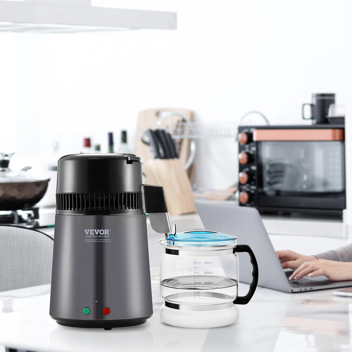 VEVOR Destilador de agua, filtro purificador de agua pura de 4 l y 1,05 galones para encimera del hogar, máquina de agua destilada de 750 W, destilador interior de acero inoxidable, color gris