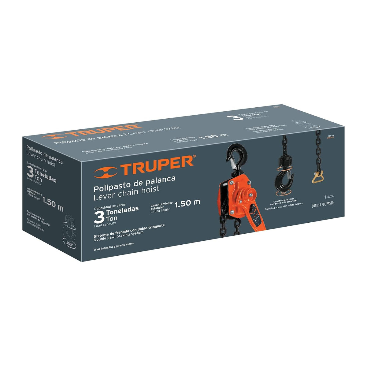 Truper POPA-3, Polipasto de palanca, doble trinquete, 3 toneladas