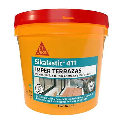 SIKA - Impermeabilizante Líquido - Sikalastic-411 Imper Terrazas - Impermeabilizar Juntas en Pisos No Absorbentes de Balcones, Terrazas, Baños, Explanadas - Fácil Aplicación - Cubeta 4L - Color Blanco