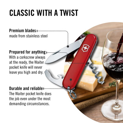 Victorinox Navaja Waiter Tipo Oficial, Roja, 9 Usos | Multiherramienta compacta de 84 mm con hoja grande, sacacorchos, abrebotellas y pelacables. Fabricado en Suiza