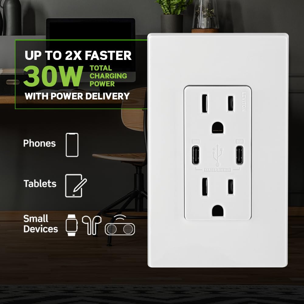 Leviton 006-T5635-00B Combinación Contacto Doble a Prueba de Manipulaciones y Contacto USB tipo C/C, Café