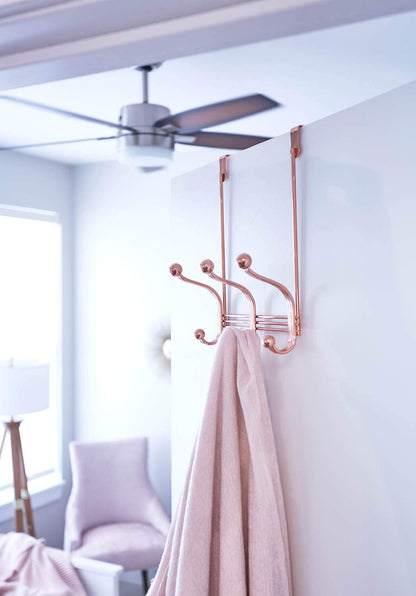 iDesign York Lyra Over Door Storage Rack, Organizer Coats, Hats, Robes, Clothes, or Towels-3 Dual Hooks, Rose Gold