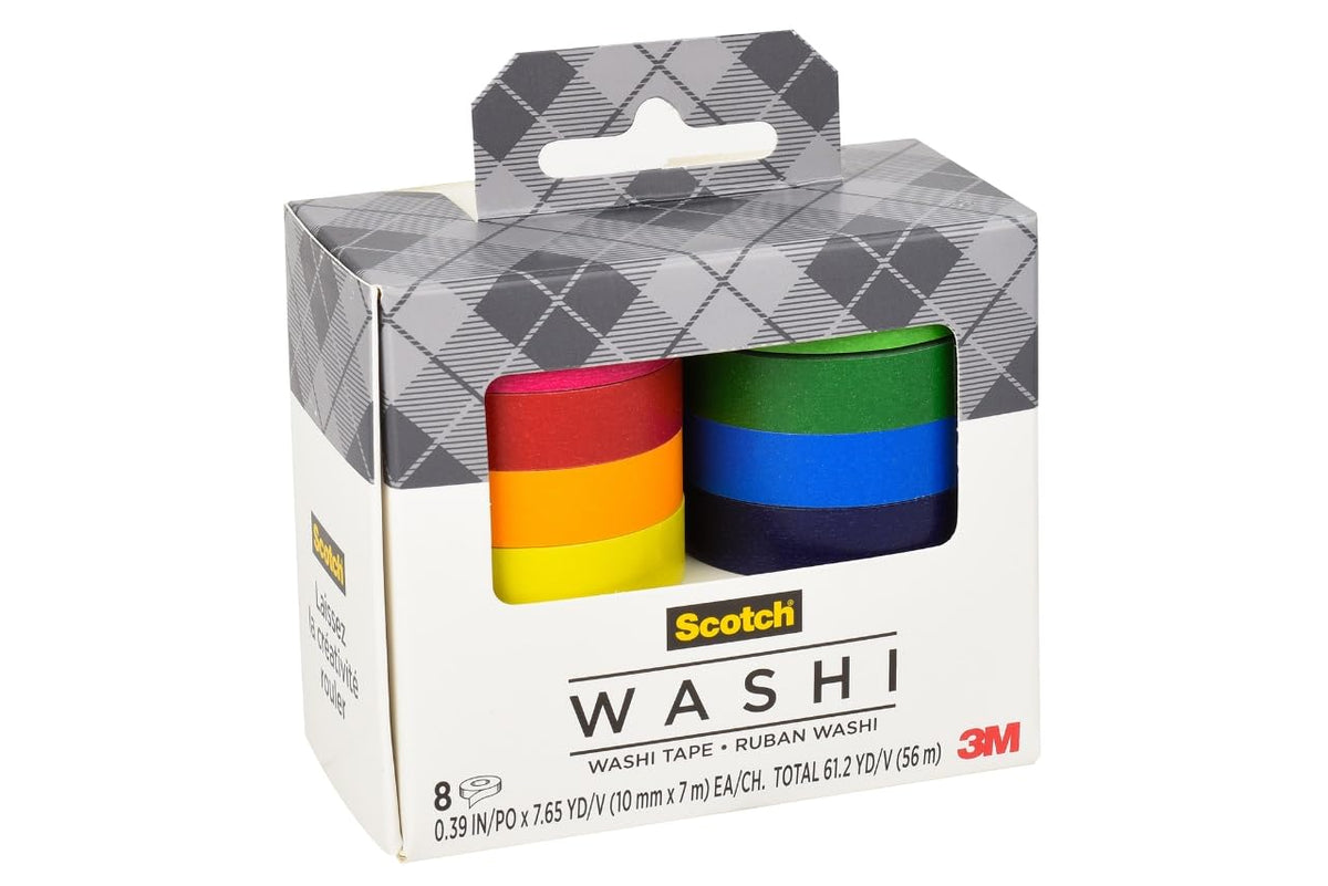 Scotch Washi - Cinta de color liso, diseño de arco iris, 8 rollos, ideal para diario de balas, álbumes de recortes y decoración de bricolaje (C1017-8-SOL1)