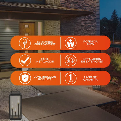 Tecnolite Lámpara de Pilar/Piso Tipo Farol Exterior, Potencia Máx. 180 W, 3 Bases E27, IP44, No incluye focos