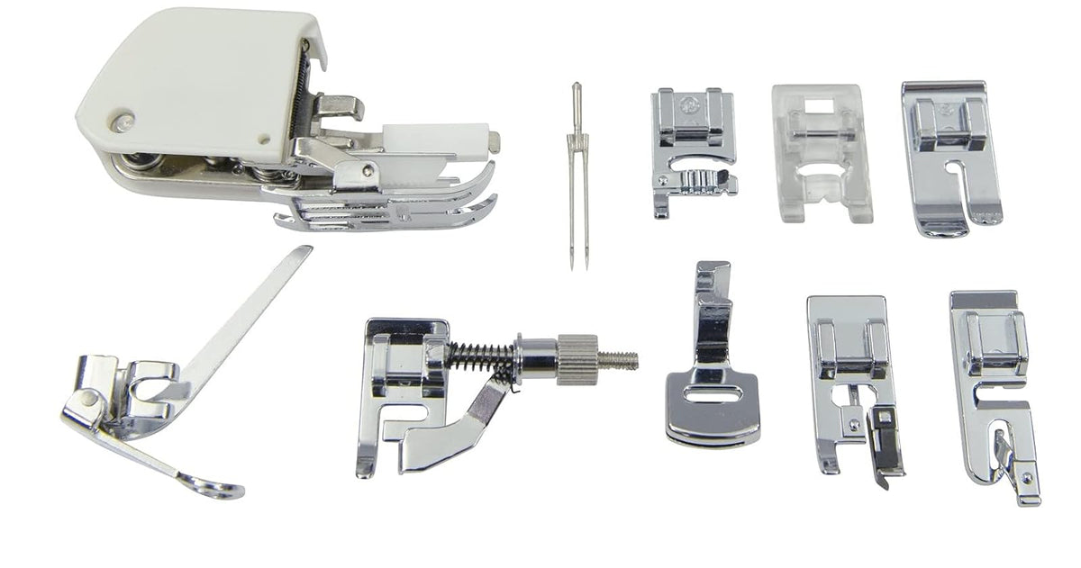 Singer Juego de Accesorios Que Incluye 9 Prensa Telas, Aguja Doble y Estuche + Agujas de máquina de Punto Regular, tamaño 80/11, Size 11, 14, 16 10/Pkg, 10 Unidades, 1