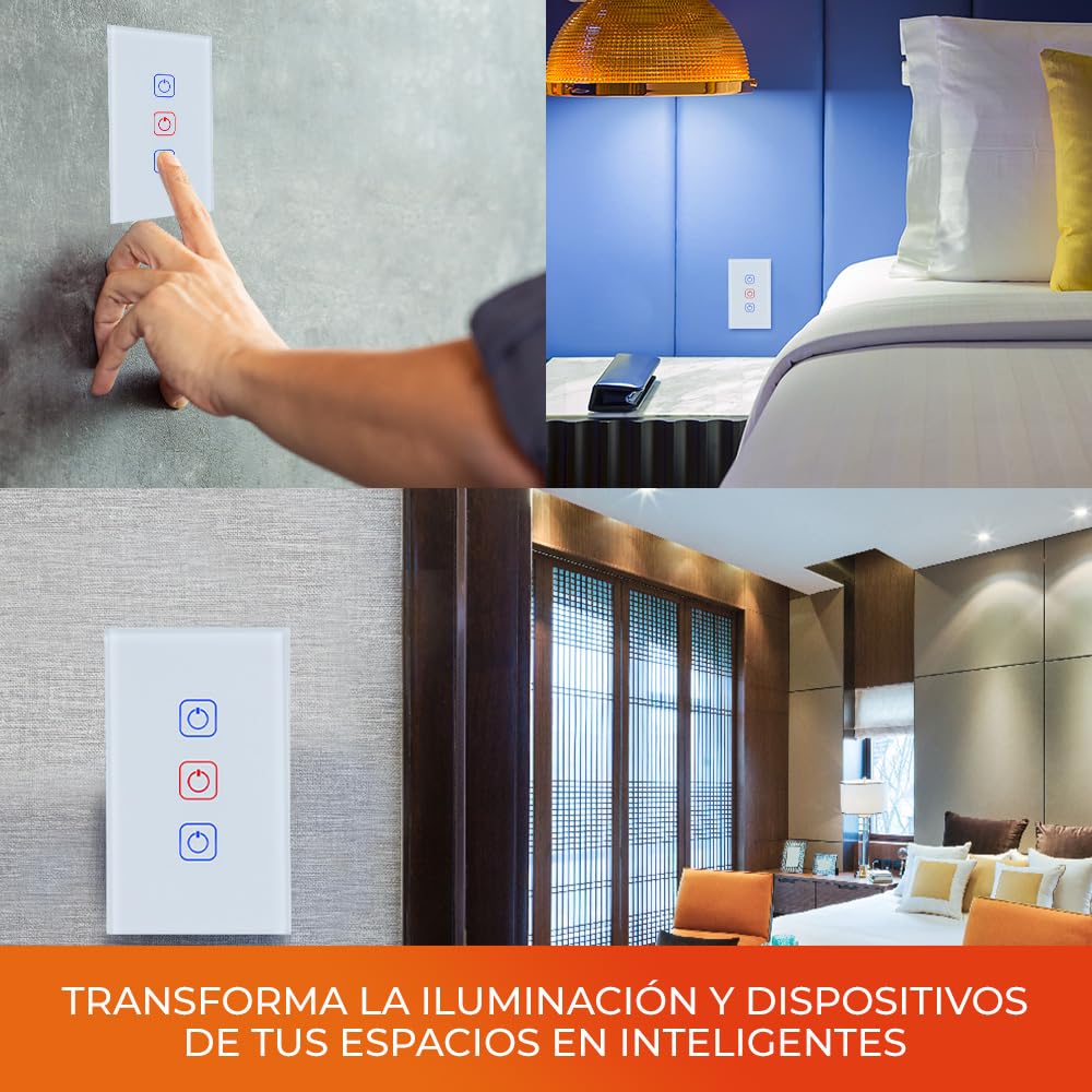 Tecnolite Connect - Apagador Inteligente Táctil WiFi 3 Circuitos, Sin Cable Neutro, Compatible con App móvil, Alexa, Google y Siri, Interruptor Inteligente